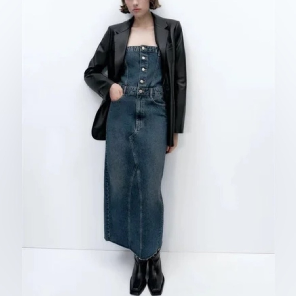 Strapless Button-Front Maxi Denim Dress - Blue - Picture 3 of 5